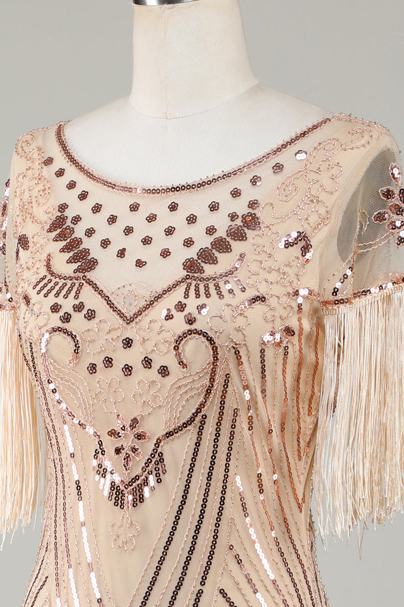 Load image into Gallery viewer, Boat Neck Sequins Champagne Roaring 20s Gatsby Fringed Flapper Dress