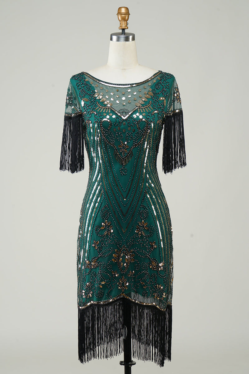 Load image into Gallery viewer, Dark Green Sequins 1920s Flapper Dress with Fringes