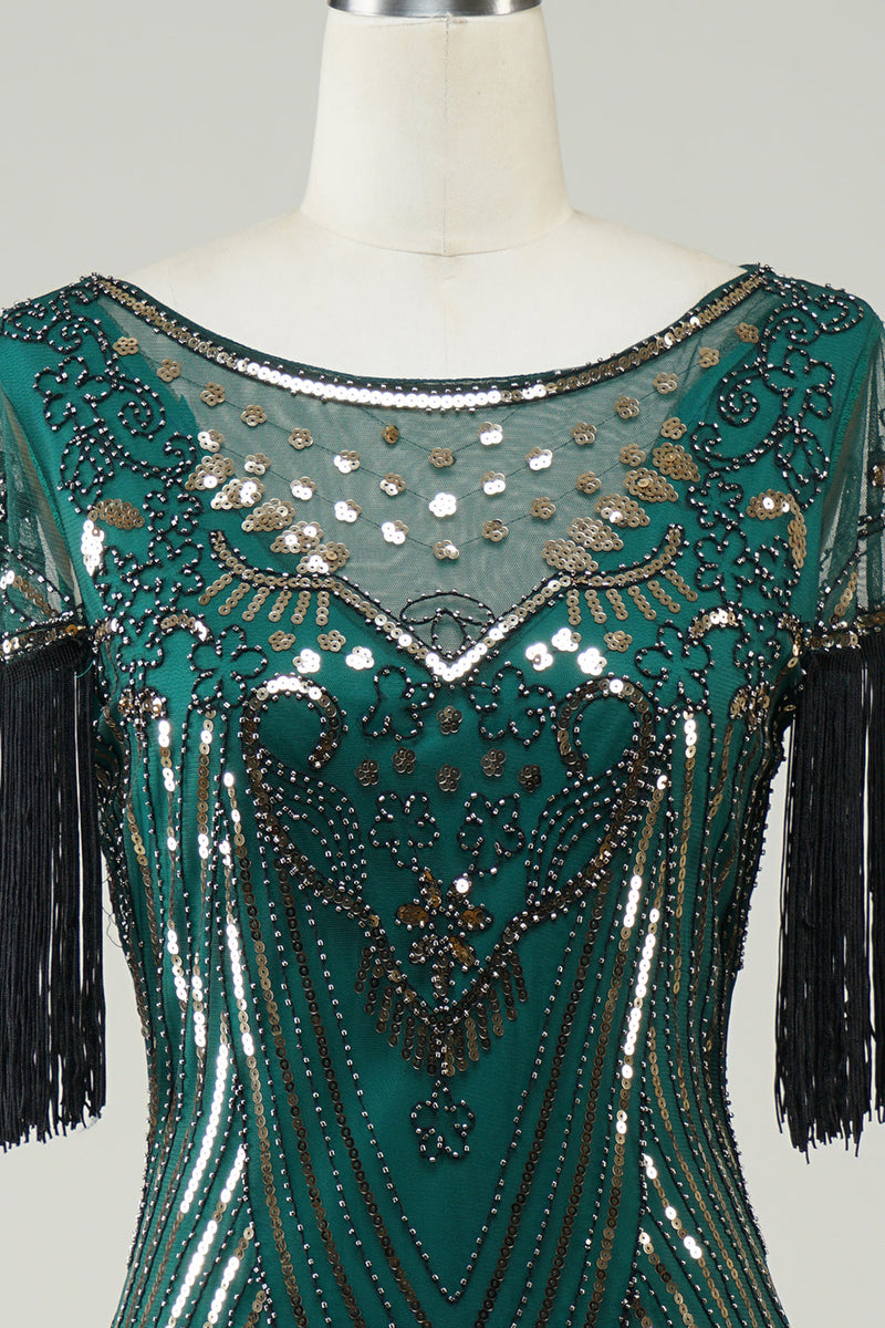 Load image into Gallery viewer, Dark Green Sequins 1920s Flapper Dress with Fringes
