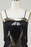 Black Spaghetti Straps Sequins 1920s Dress with Fringes