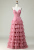 Load image into Gallery viewer, A Line Spaghetti Straps Layered Pink Tulle Formal Dress with Floral Printed