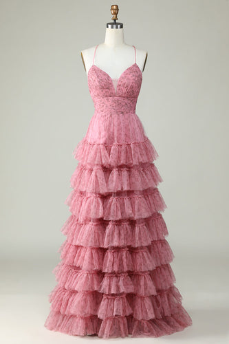 A Line Spaghetti Straps Layered Pink Tulle Formal Dress with Floral Printed