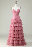 A Line Spaghetti Straps Layered Pink Tulle Formal Dress with Floral Printed