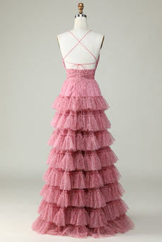 A Line Spaghetti Straps Layered Pink Tulle Formal Dress with Floral Printed