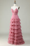 A Line Spaghetti Straps Layered Pink Tulle Formal Dress with Floral Printed