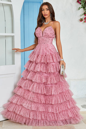 Spaghetti Straps Layered Tulle Formal Dress with Floral Printed