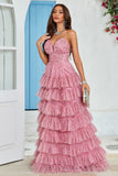 Spaghetti Straps Layered Tulle Formal Dress with Floral Printed