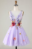 A Line Deep V Neck Open Back Purple Short Formal Dress With 3D Flowers