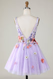 A Line Deep V Neck Open Back Purple Short Formal Dress With 3D Flowers