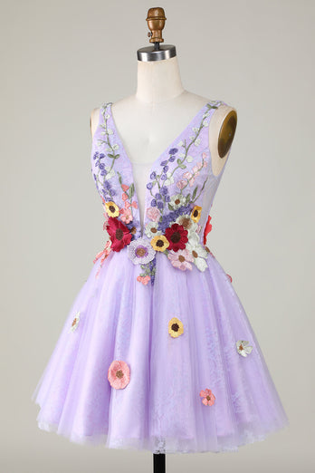 A Line Deep V Neck Open Back Purple Short Formal Dress With 3D Flowers
