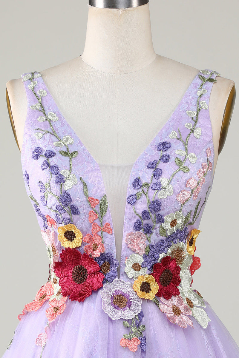 Load image into Gallery viewer, A Line Deep V Neck Open Back Purple Short Formal Dress With 3D Flowers