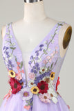 A Line Deep V Neck Open Back Purple Short Formal Dress With 3D Flowers