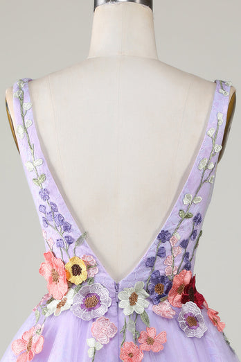 A Line Deep V Neck Open Back Purple Short Formal Dress With 3D Flowers