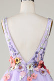 A Line Deep V Neck Open Back Purple Short Formal Dress With 3D Flowers