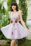 Purple Deep V Neck Open Back Short Formal Dress With 3D Flowers