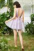 Load image into Gallery viewer, Purple Deep V Neck Open Back Short Formal Dress With 3D Flowers