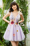 Purple Deep V Neck Open Back Short Formal Dress With 3D Flowers