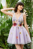 Load image into Gallery viewer, Purple Deep V Neck Open Back Short Formal Dress With 3D Flowers