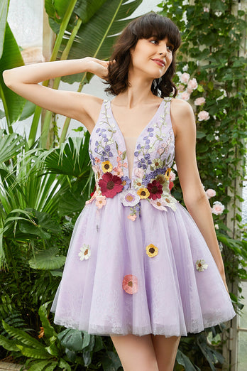 Purple Deep V Neck Open Back Short Formal Dress With 3D Flowers