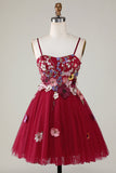 Gorgeous A Line Spaghetti Straps Burgundy Short Formal Dress with 3D Flowers