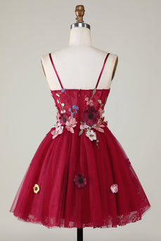 Gorgeous A Line Spaghetti Straps Burgundy Short Formal Dress with 3D Flowers
