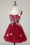 Gorgeous A Line Spaghetti Straps Burgundy Short Formal Dress with 3D Flowers