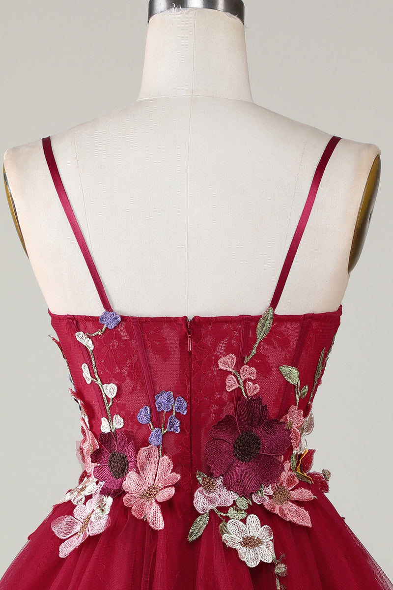 Load image into Gallery viewer, Gorgeous A Line Spaghetti Straps Burgundy Short Formal Dress with 3D Flowers