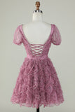 Gorgeous A Line Floral Dusty Rose Short Formal Dress with Ruffles