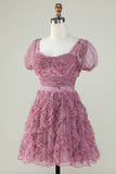 Gorgeous A Line Floral Dusty Rose Short Formal Dress with Ruffles