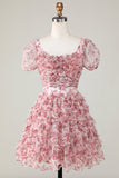 Cute A Line Floral Ivory Red Flower Short Formal Dress with Ruffles