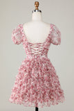 Cute A Line Floral Ivory Red Flower Short Formal Dress with Ruffles