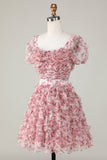 Cute A Line Floral Ivory Red Flower Short Formal Dress with Ruffles