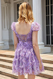 A Line Purple Printed Short Formal Dress with Ruffles