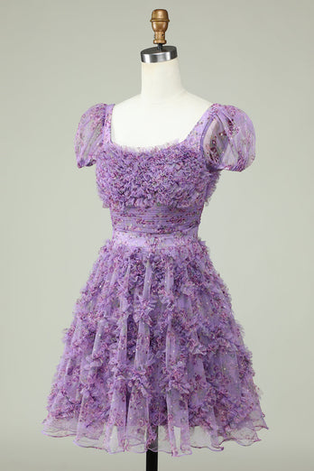Floral A Line Purple Short Formal Dress with Ruffles