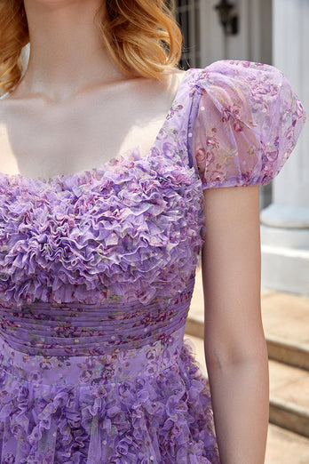 A Line Purple Printed Short Formal Dress with Ruffles