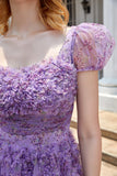 A Line Purple Printed Short Formal Dress with Ruffles