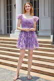 A Line Purple Printed Short Formal Dress with Ruffles