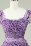 Floral A Line Purple Short Formal Dress with Ruffles