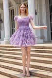 A Line Purple Printed Short Formal Dress with Ruffles