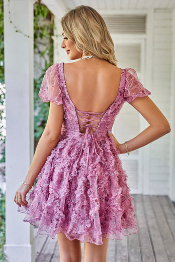 A Line Purple Printed Short Formal Dress with Ruffles