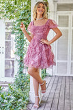 A Line Purple Printed Short Formal Dress with Ruffles