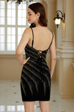 Sparkly Sheath Spaghetti Straps Black Short Cocktail Dress with Beading