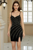 Sparkly Sheath Spaghetti Straps Black Short Cocktail Dress with Beading