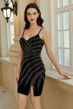 Sparkly Sheath Spaghetti Straps Black Short Cocktail Dress with Beading