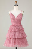 Cute A Line Spaghetti Straps Blush Short Formal Dress with Ruffles