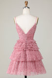 Cute A Line Spaghetti Straps Blush Short Formal Dress with Ruffles