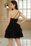 Stylish A Line One Shoulder Black Short Cocktail Dress with Appliques