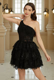 Stylish A Line One Shoulder Black Short Cocktail Dress with Appliques