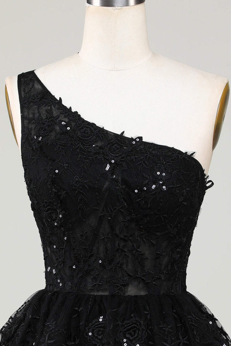 Load image into Gallery viewer, Gorgeous Black One Shoulder Homecoming Dress With Appliques
