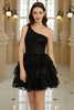 Load image into Gallery viewer, Stylish A Line One Shoulder Black Short Cocktail Dress with Appliques